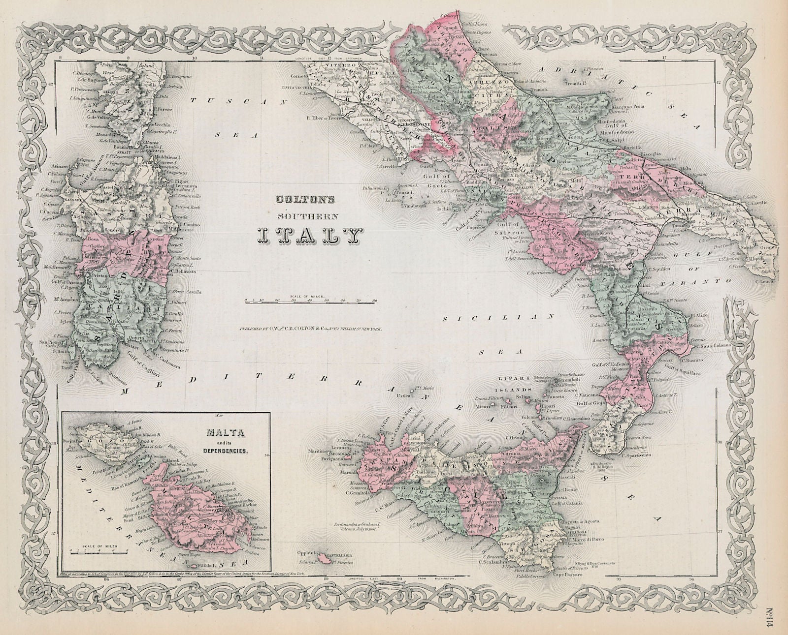 Colton's Southern Italy. Malta Sardinia Sicily Naples Calabria Puglia 1869 map